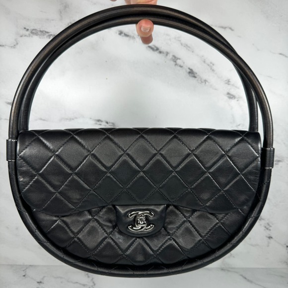 Chanel Hula Flap Bag Black Lambskin Hoop CC SHW Small Wind Power Silver Quilted - Picture 3 of 15
